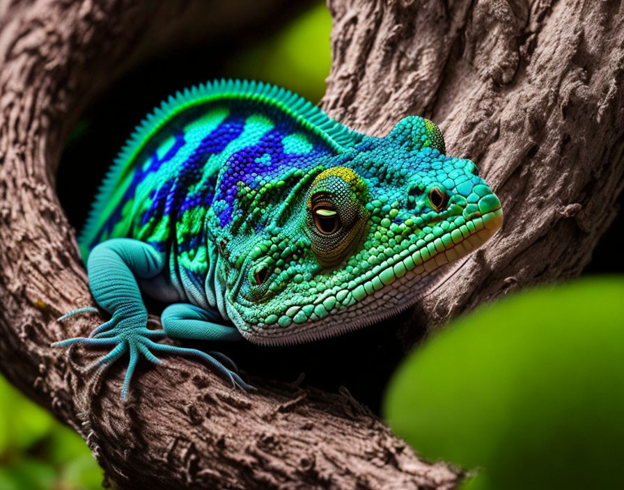 Colorful lizard with intricate patterns in tree hollow.
