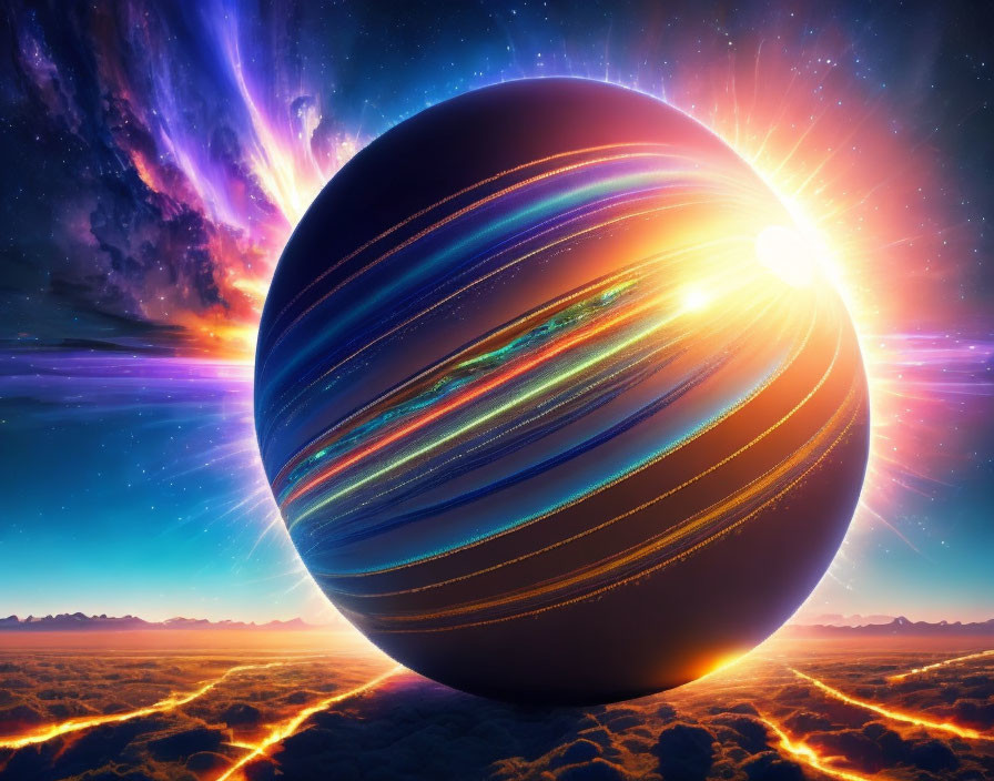 Large Striped Planet in Vibrant Cosmic Scene