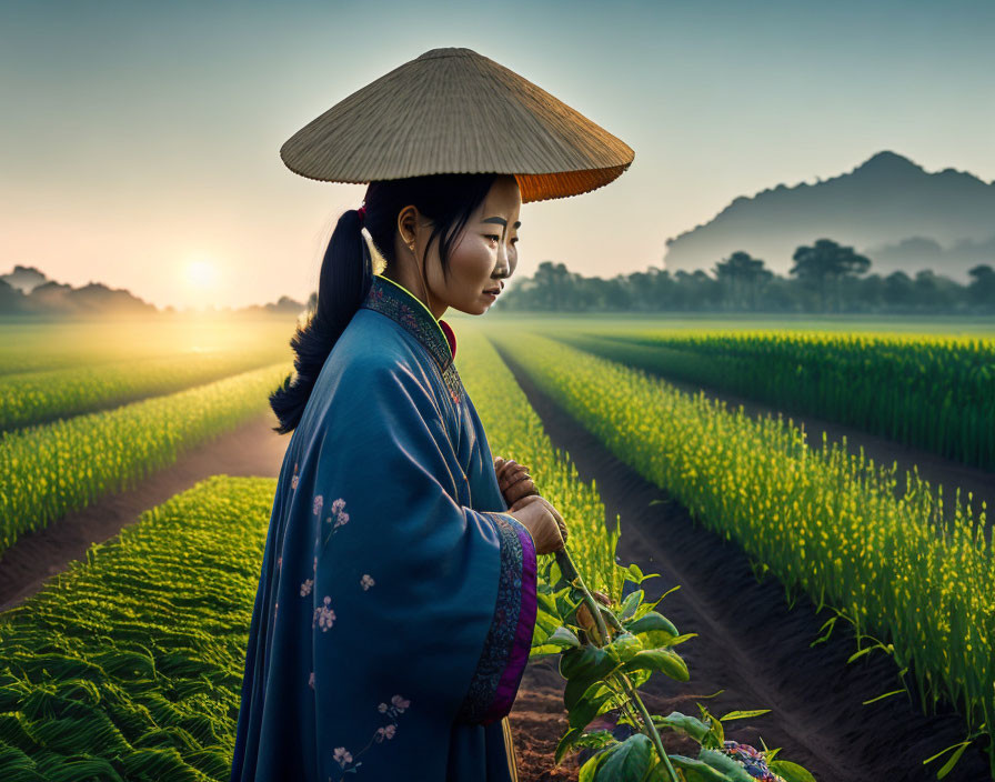 Traditional Attire Woman in Green Fields at Sunrise
