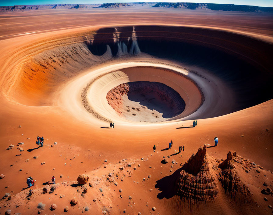 Desert landscape with circular pit, visitors, red sand dunes