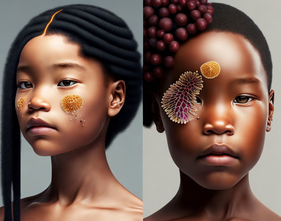 Children with artistic fruit and bee pollen makeup and unique hairstyles.