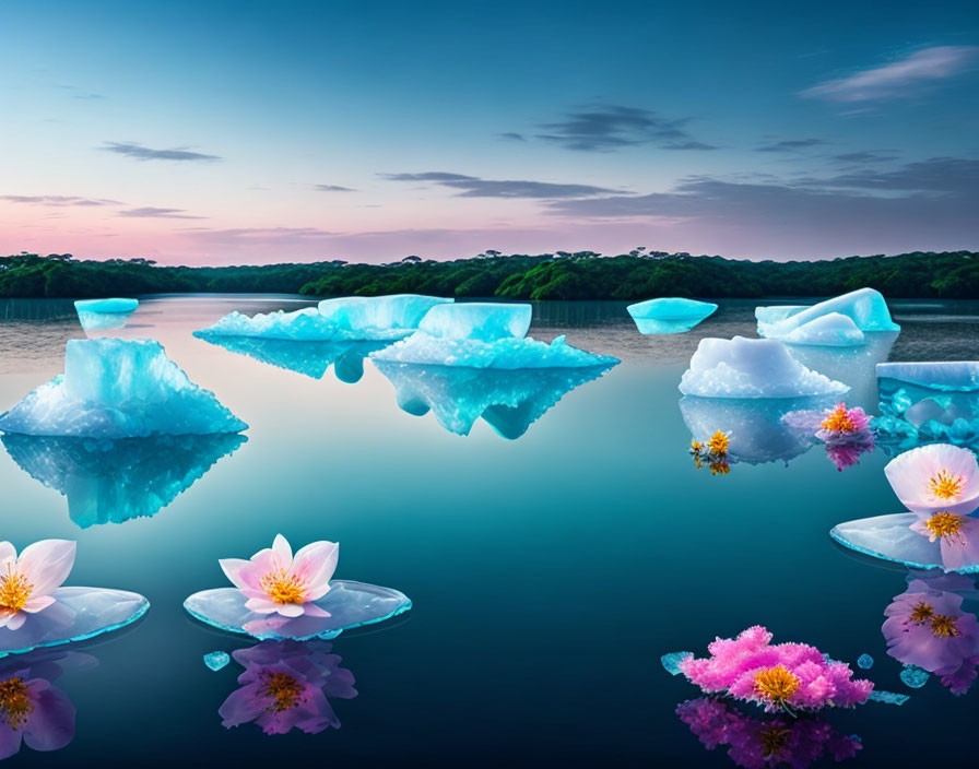 Surreal landscape with reflective water, icebergs, flowers at dusk