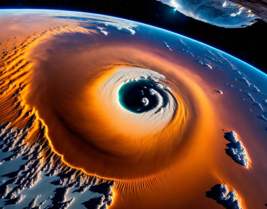 Gigantic hurricane swirling over orange Earth from space