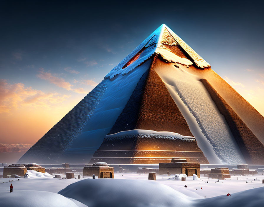 Snow-covered pyramid with split facade and glowing interior in wintry desert dusk or dawn