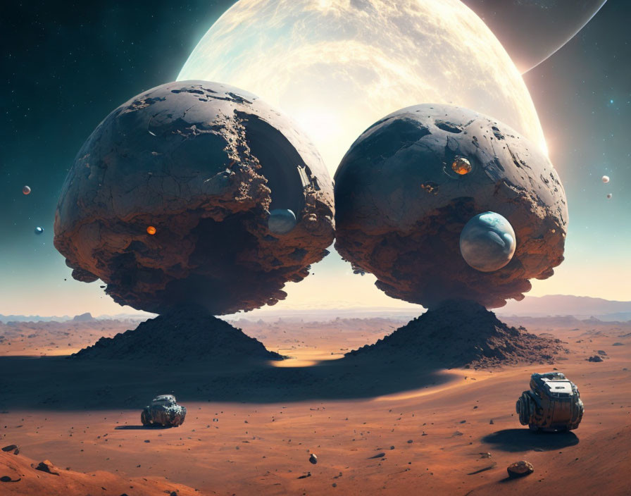 Sci-fi desert landscape with mushroom-shaped asteroids, planet, moon, and rovers