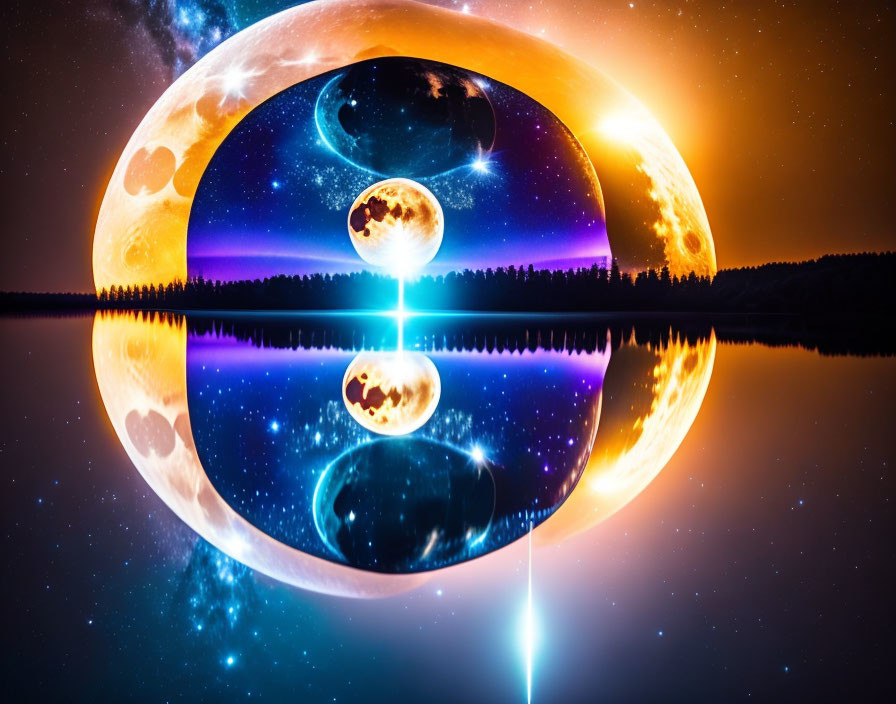 Vibrant cosmic digital art: multiple moons, mirrored lake, starry sky