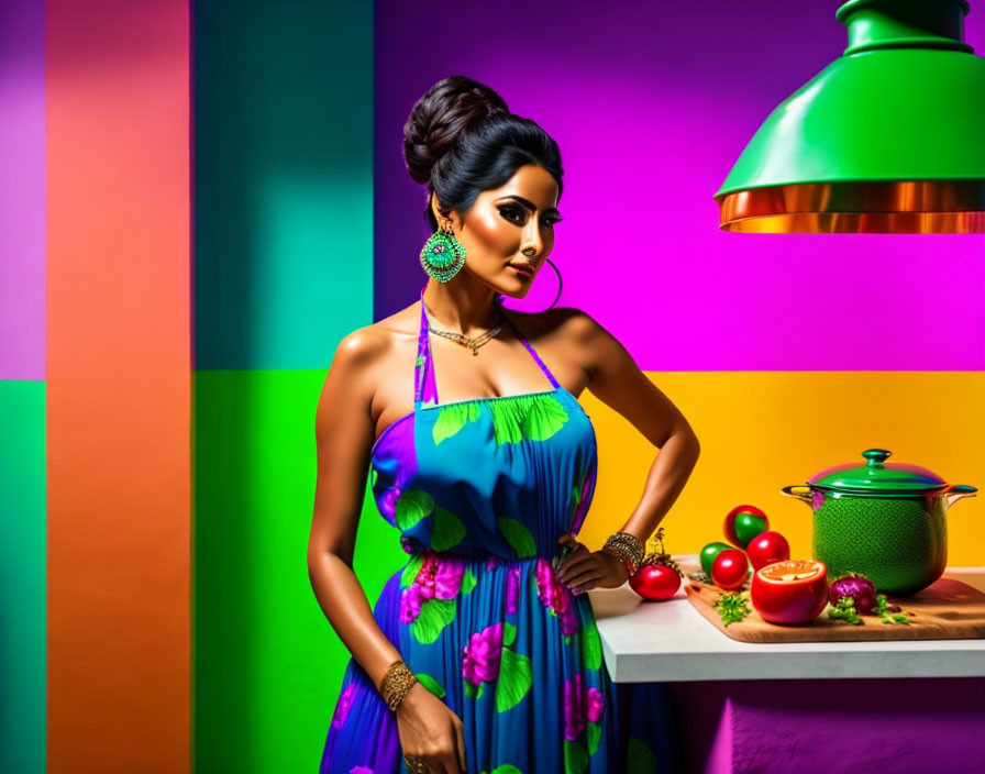 Woman in Vibrant Floral Dress in Colorful Kitchen with Tomatoes and Green Cookware