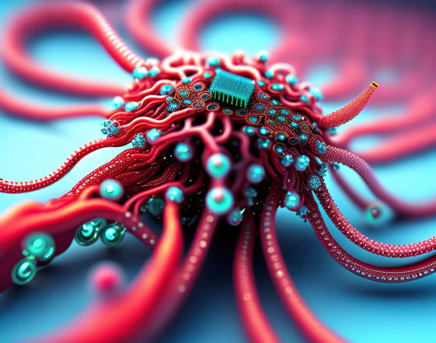 Digital Octopus with Circuit Tentacles on Blue Background