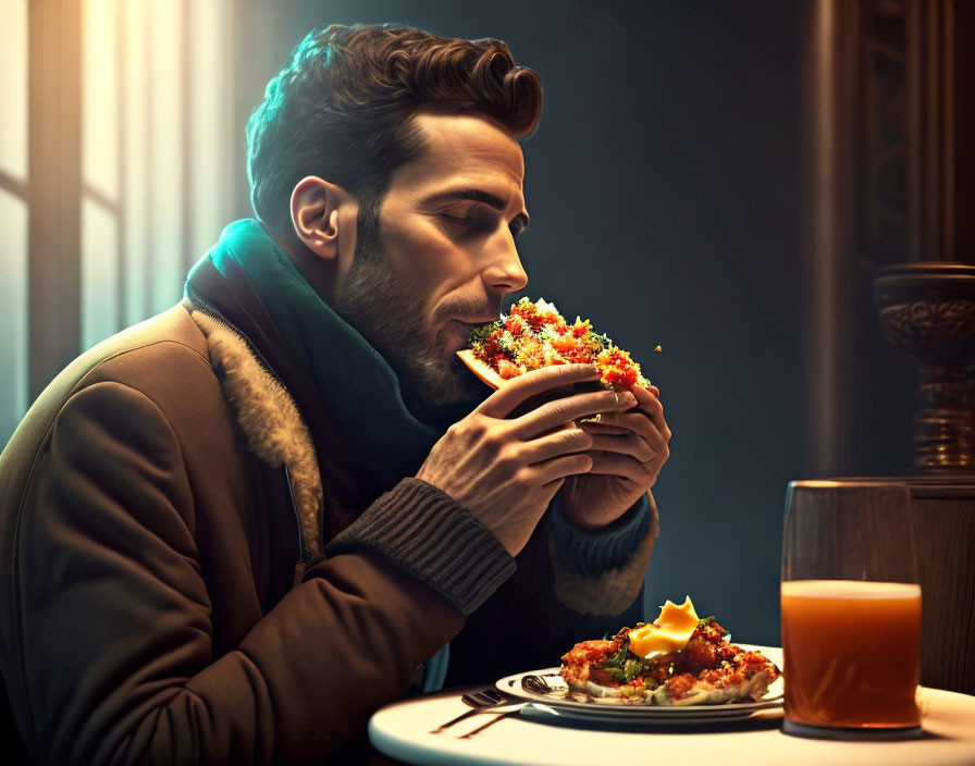 Stylish man eating loaded taco in dimly lit setting