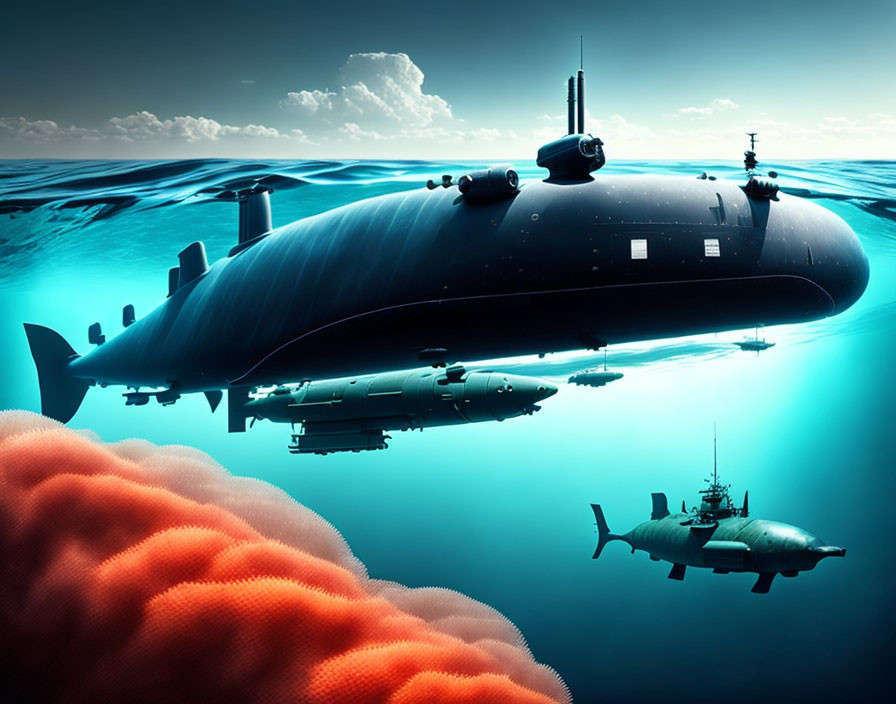 Large and small submarines near vibrant coral in deep blue water