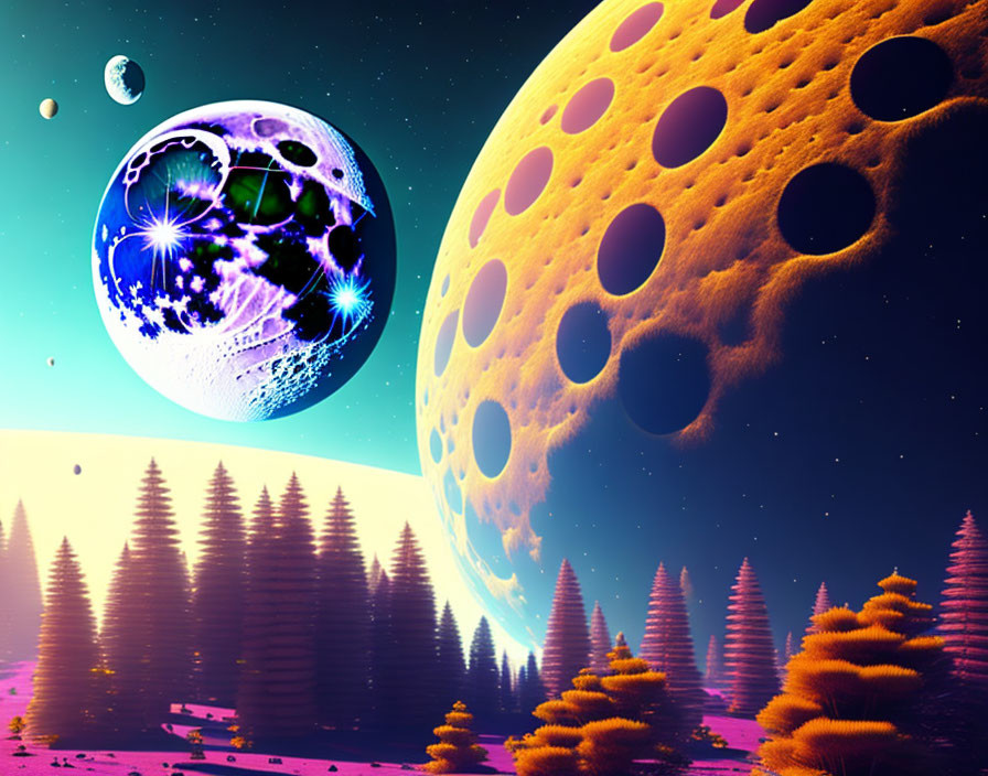 Colorful sci-fi landscape with purple skies, forest, moons, planets.
