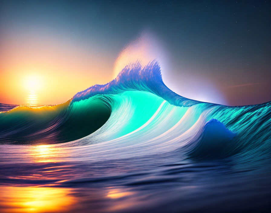 Vibrant blue wave cresting under sunset sky