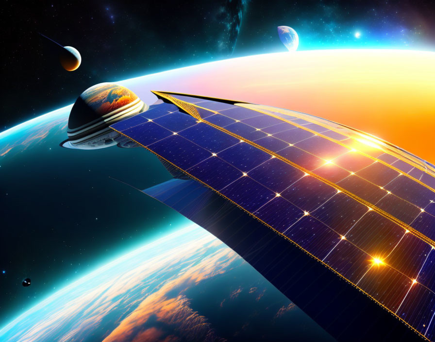 Futuristic spaceship with solar panels flying in space