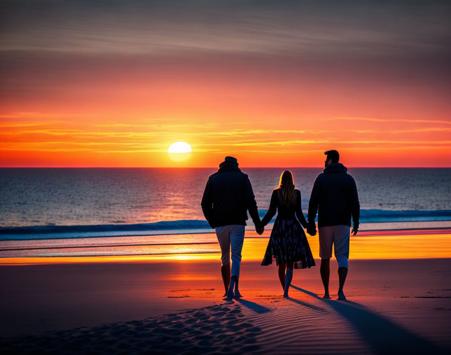 Sunset beach scene with three people holding hands