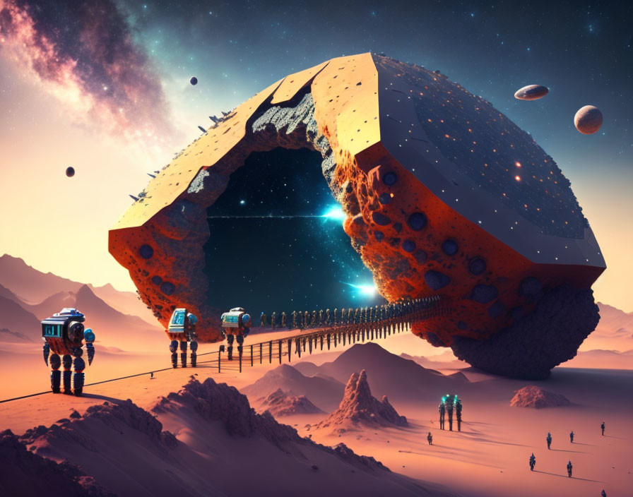 Surreal image of astronauts on alien planet with floating rock structure