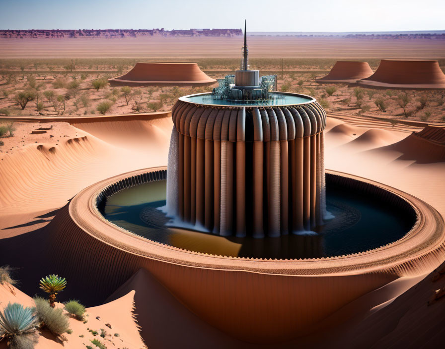 Futuristic sand processing tower in desert oasis landscape