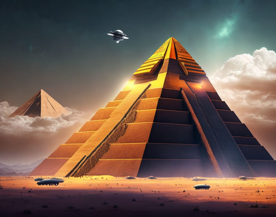 Futuristic pyramid with spaceship and hovercars in desert landscape