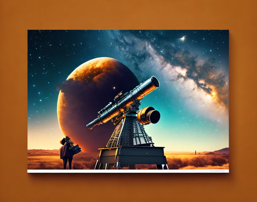 Person next to intricate telescope observing large moon in vibrant artwork