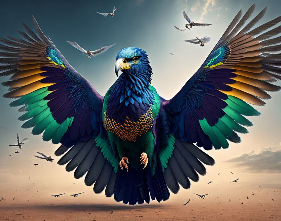 Colorful Bird Soaring with Outstretched Wings in Sky