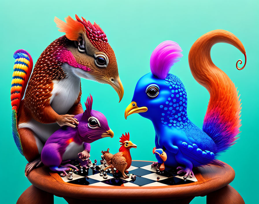 Whimsical bird-squirrel hybrids playing chess on teal background