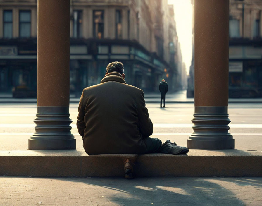 Person sitting between two pillars on sidewalk, facing away, with distant figure