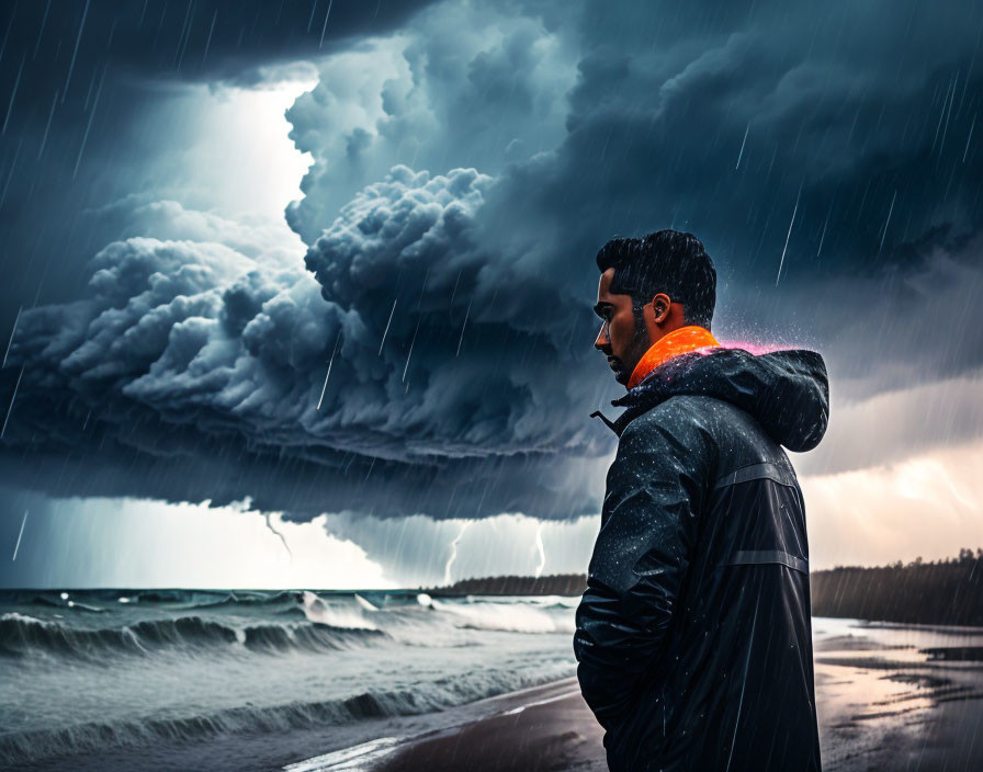 Man in black jacket on beach under storm cloud with rain