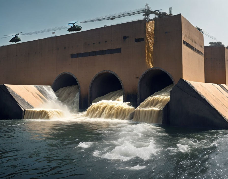 Helicopters flying over dam with open spillways releasing water