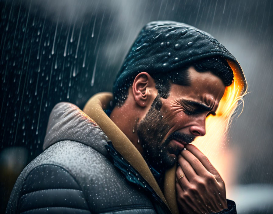 Man in dark cap and jacket grimacing in cold rain