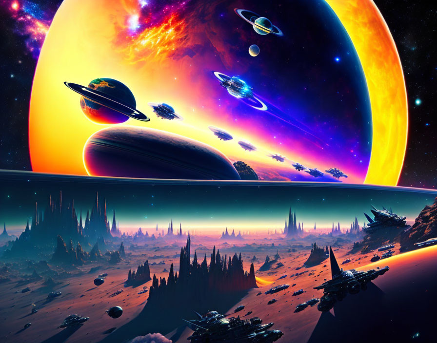 Colorful Spaceship Cosmic Scene with Nebulae & Futuristic Planet