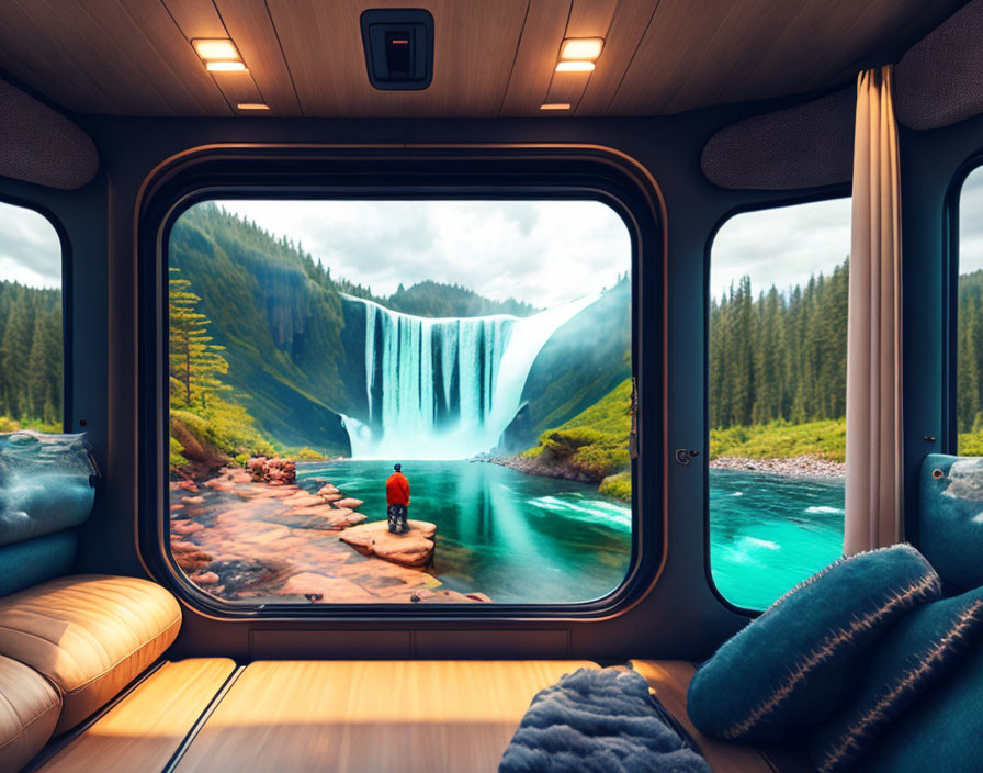 Comfortable Train Cabin Overlooking Majestic Waterfall