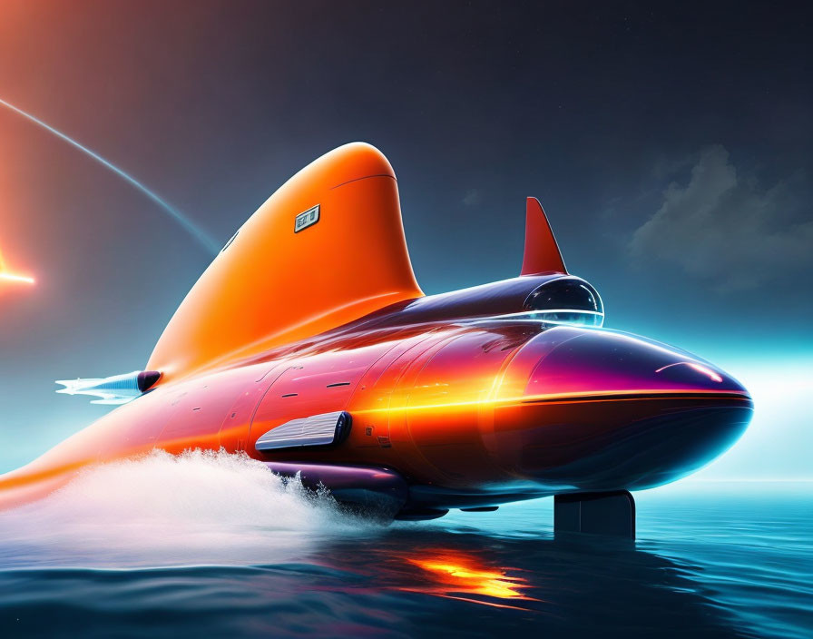 Futuristic orange plane hovering over water with dramatic sky