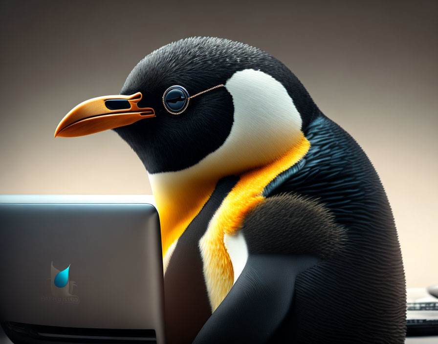 A penguin with glasses in front of a computer