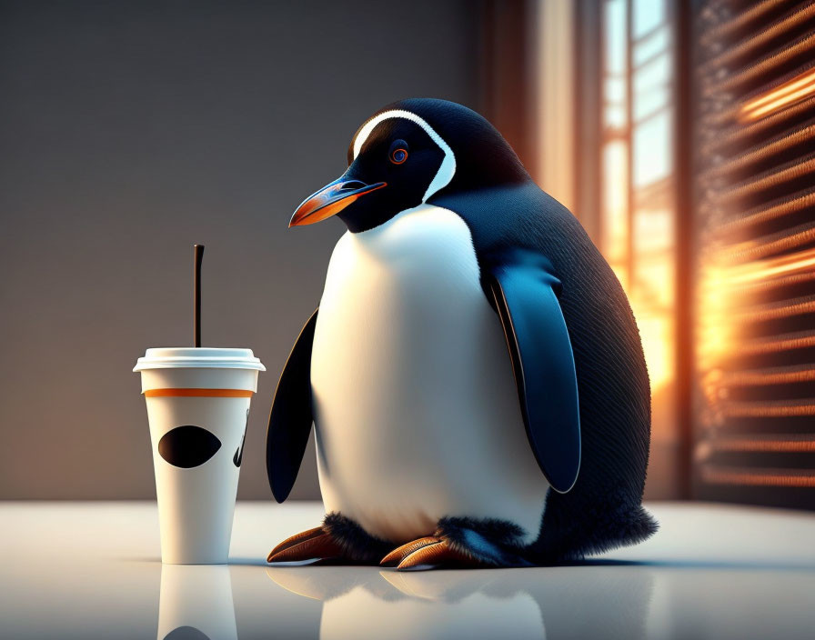  A programmer penguin with a computer and his cup 