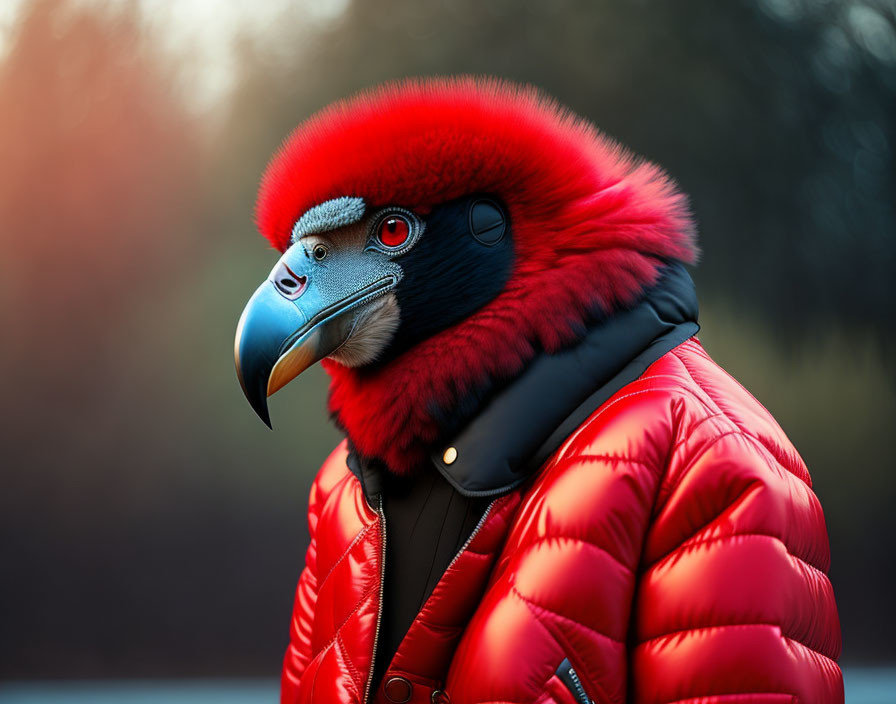 Person with Red Macaw Bird Head in Puffy Jacket and Scarf