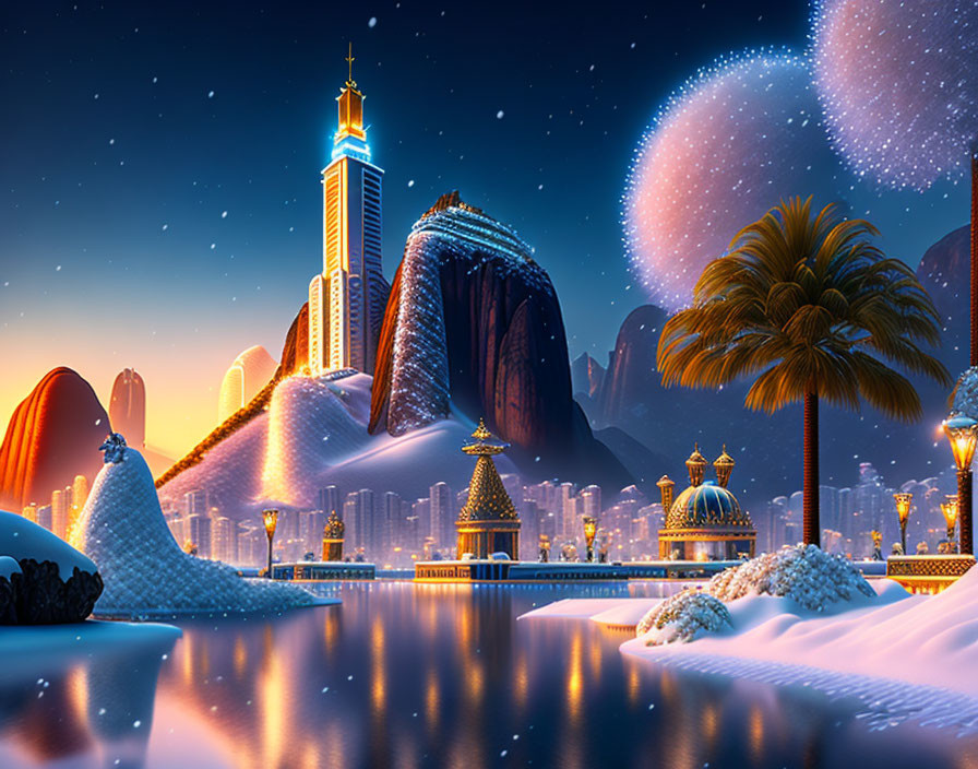 Futuristic nighttime cityscape with snow-covered palm trees