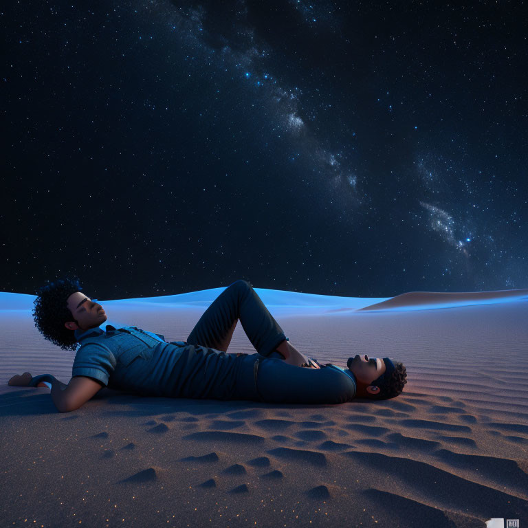Person lying on desert sand dune under starry Milky Way galaxy