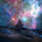 Rocky Terrain & Starry Night Sky: Cosmic Nebulas and Stars