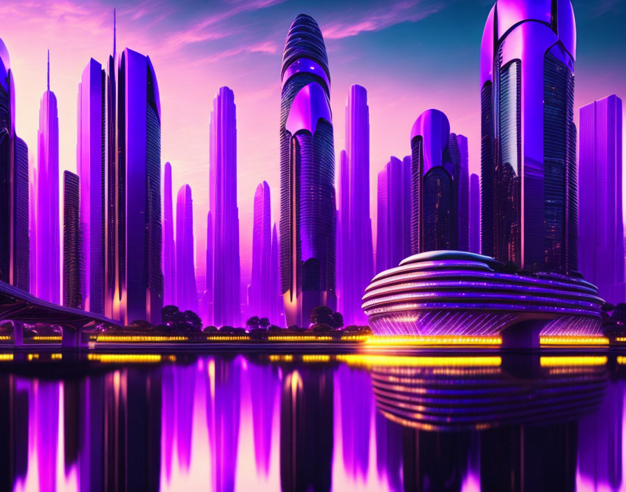 Neon-lit skyscrapers in futuristic cityscape at sunset