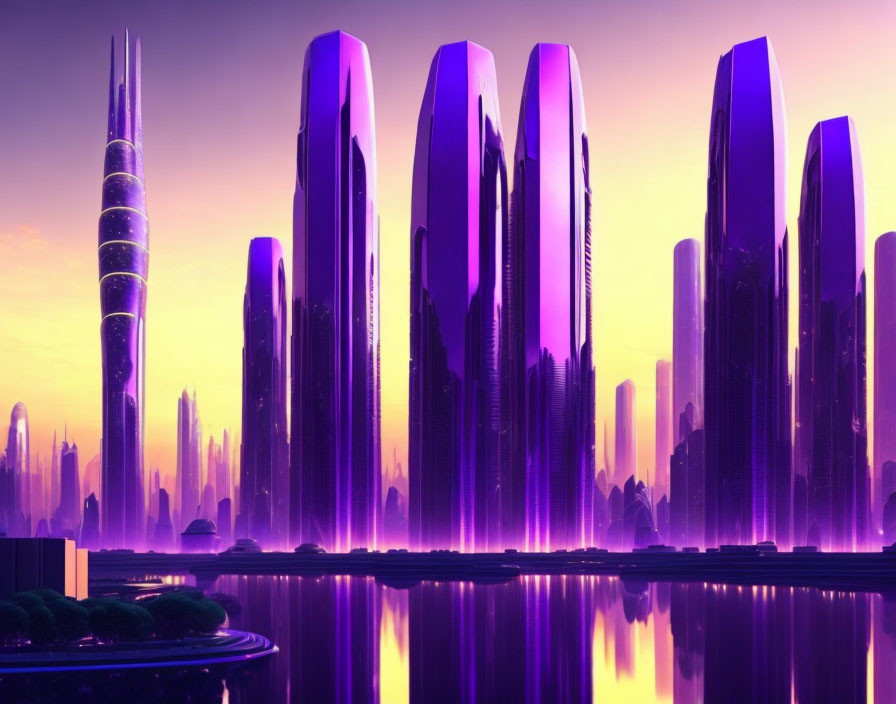 Purple skyscrapers in futuristic cityscape at sunset