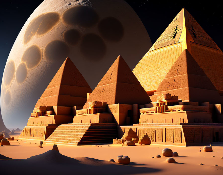 Surreal pyramids under night sky with large moon on alien planet
