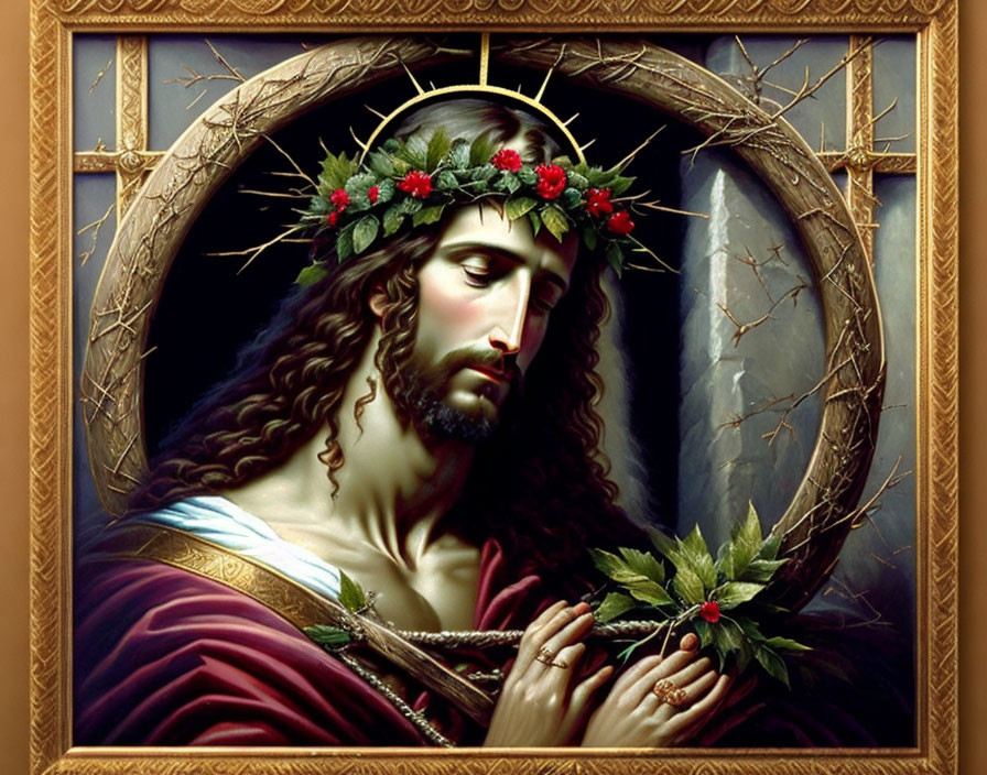 Religious-themed portrait with crown of thorns, red flowers, and gold frame