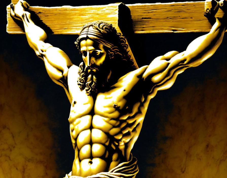 Muscular man sculpture on cross with golden hue on dark background