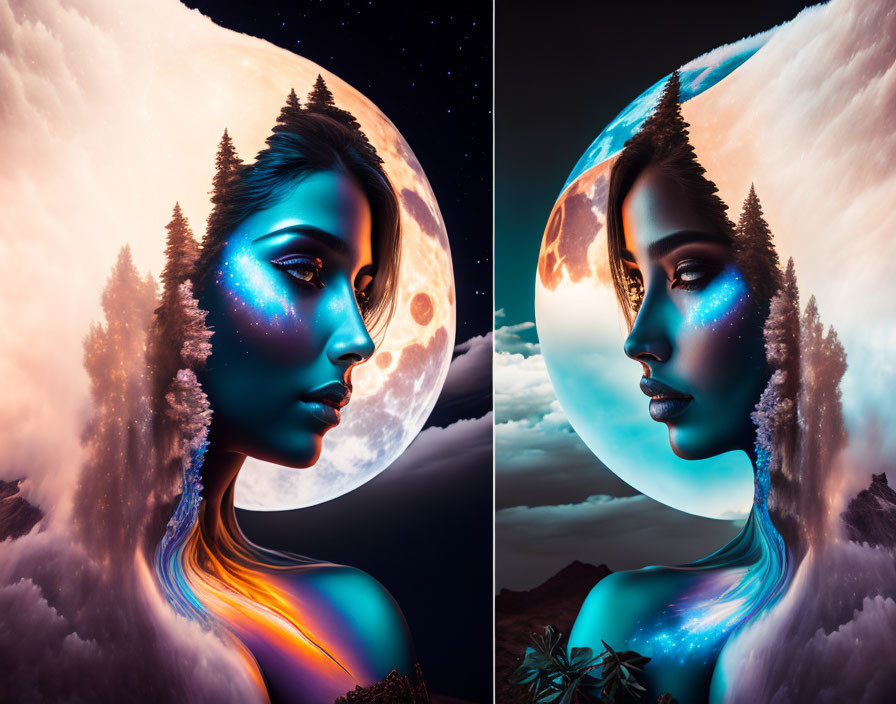 Surreal art: Woman's silhouette with cosmic elements, moon, stars, and nature