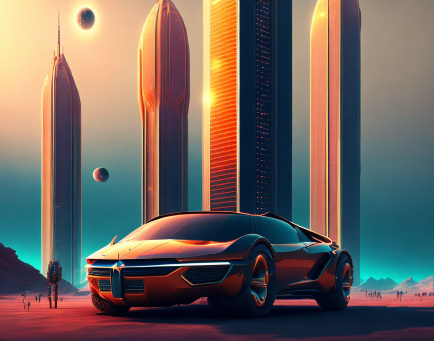 Futuristic orange sports car in desert with skyscrapers and celestial bodies