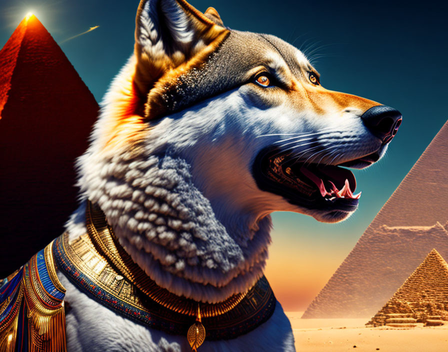 Photorealistic wolf with Egyptian collar in front of Giza Pyramids.
