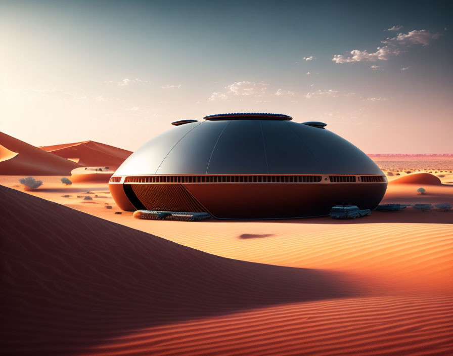 Isolated dome-shaped building with circular windows in desert sunset