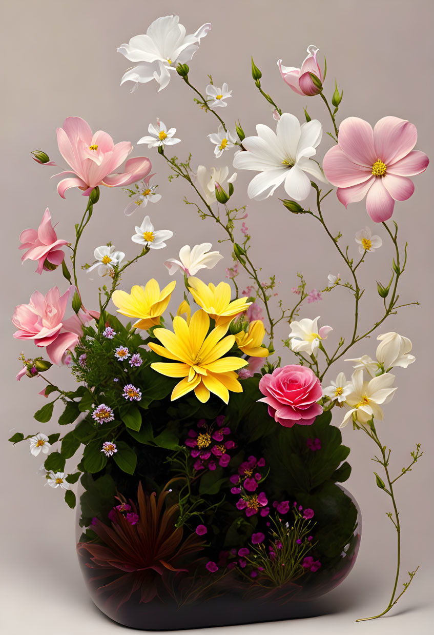 Colorful artificial flower arrangement in dark vase on neutral backdrop