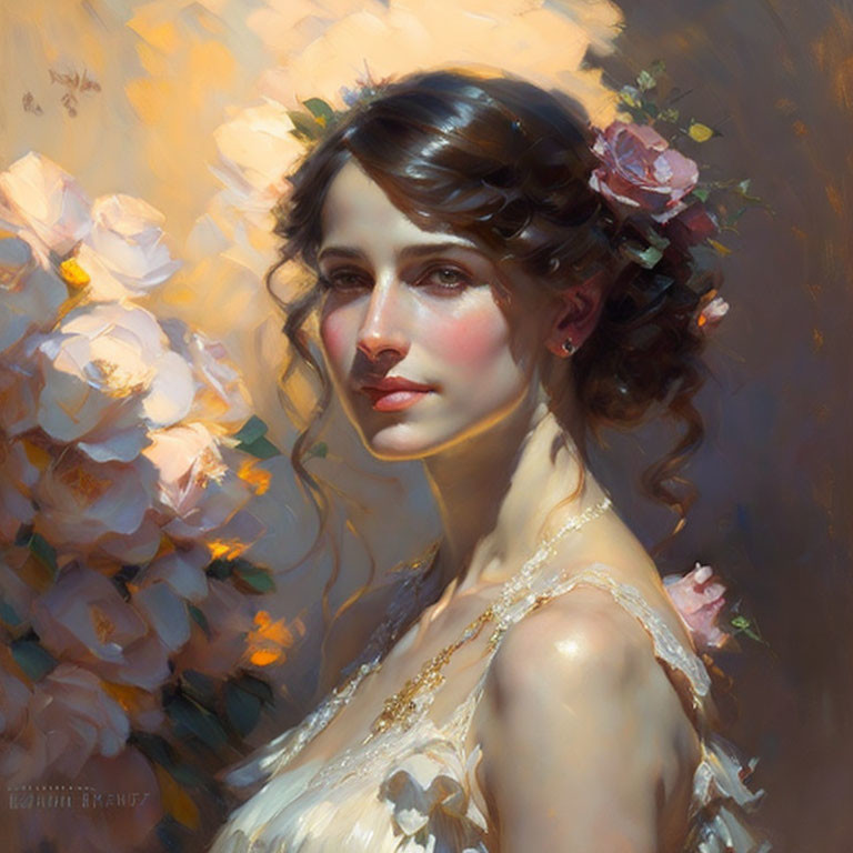 Portrait of woman with flowers in hair in soft lighting against blurred floral backdrop