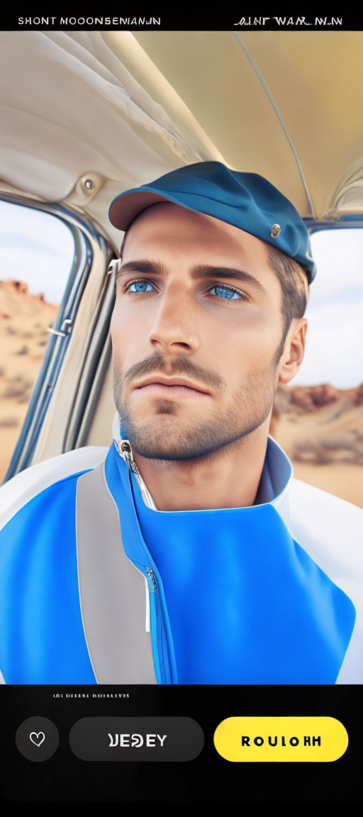 Man with Blue Eyes Wearing Cap in Desert Vehicle Scene