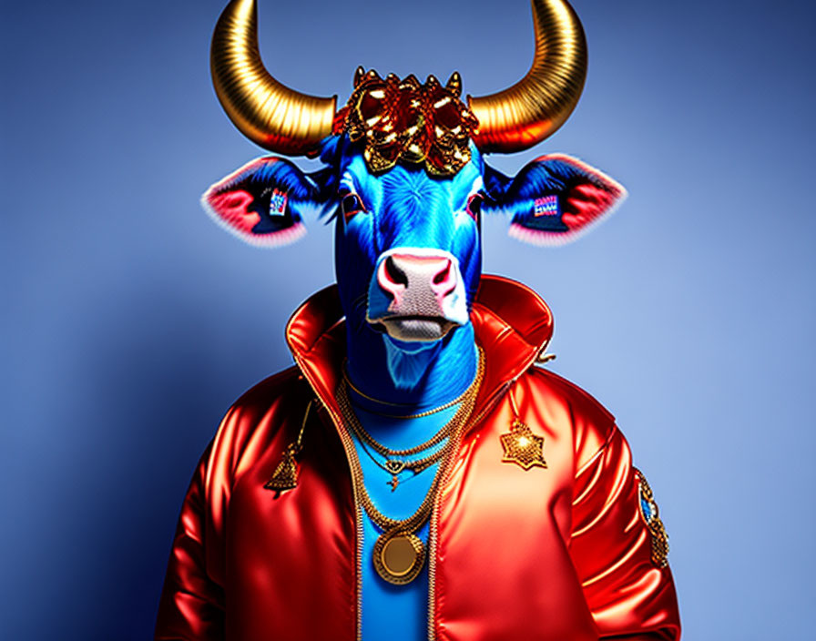 Blue Bull with Golden Horns Wearing Red Jacket and Crown